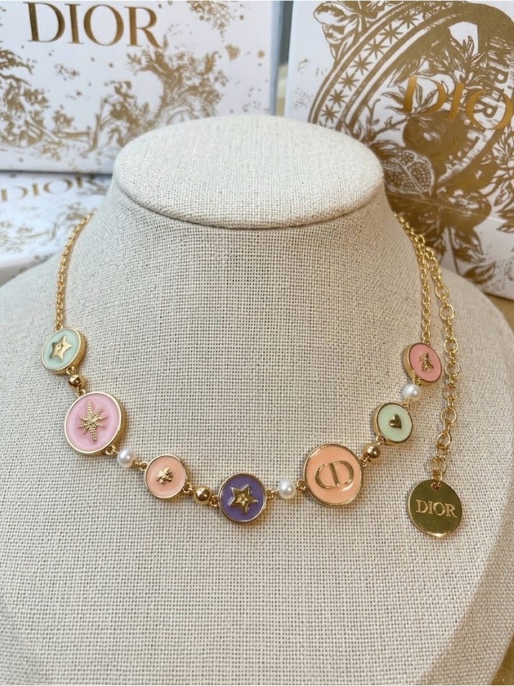 Dior Multicolor Pastel Enamel Medallion Necklace New in Box and gift bag No tag